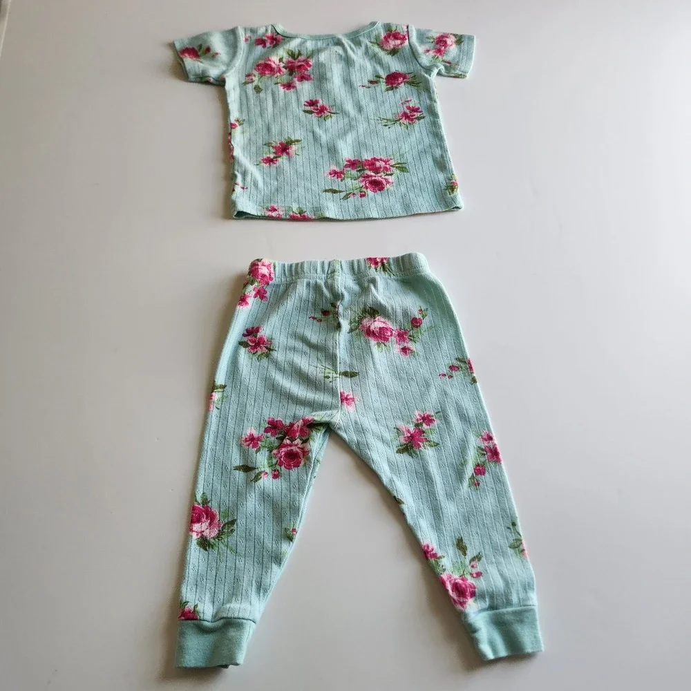 Toddler Girls Floral Pointelle Pajama Set Aqua Pink‎ 18-24m